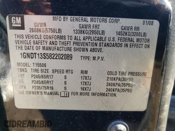 2008 Chevrolet TrailBlazer 1LT with VIN 1GNDT13S582202089, listed as a Copart auction lot 89358285 with 176,407 mi miles and Salvage Title. Bid and sale history available at DreamBid. Image 12.