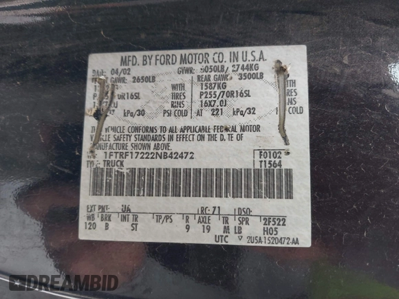 2002 Ford F-150 XL with VIN 1FTRF17222NB42472, listed as a IAAI auction lot 42465261 with 148,948 mi miles and . Bid and sale history available at DreamBid. Image 9.