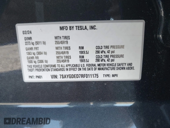 2024 Tesla Model Y с VIN 7SAYGDED7RF011175, выставлен на аукционе IAAI как лот 41366276 с пробегом 9 317 миль миль и . История ставок и продаж доступна на DreamBid. Изображение 9.