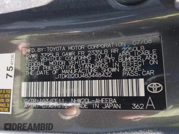 2008 Toyota Prius with VIN JTDKB20U483448432, listed as a IAAI auction lot 41641285 with 183,754 mi miles. Bid and sale history available at carsss.com. Image 9.