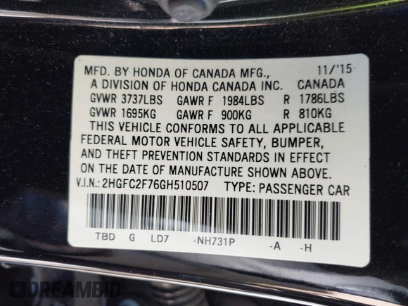 2016 Honda Civic Sedan EX with VIN 2HGFC2F76GH510507, listed as a IAAI auction lot 41915135 with 106,777 mi miles. Bid and sale history available at carsss.com. Image 9.