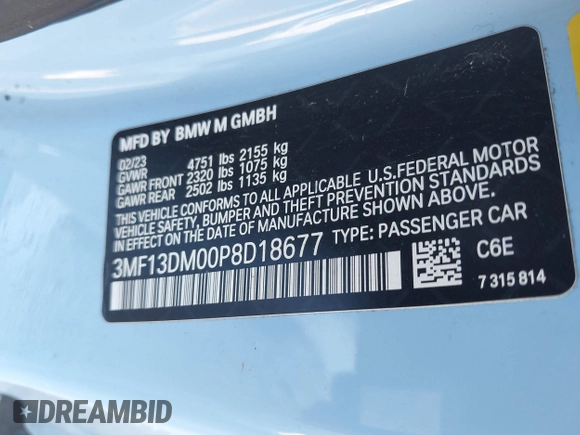 2023 BMW M2 z VIN 3MF13DM00P8D18677, wystawiony jako IAAI lot #41835134 z przebiegiem Nie podano mil oraz . Historia ofert i sprzedaży dostępna na DreamBid. Obrazek 9.