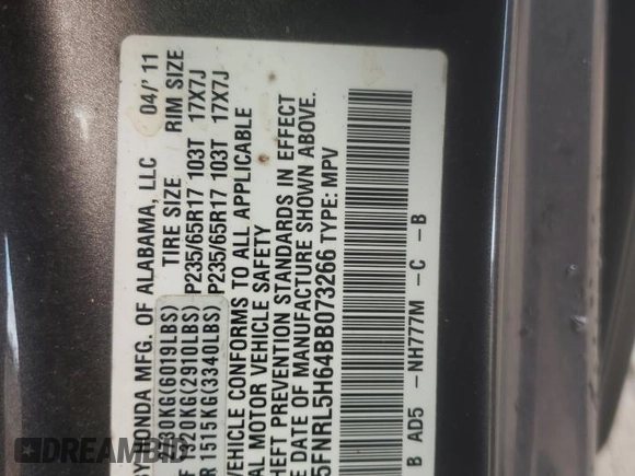 2011 Honda Odyssey EX-L with VIN 5FNRL5H64BB073266, listed as a Copart auction lot 84478964 with 207,991 mi miles and Salvage Title. Bid and sale history available at DreamBid. Image 13.