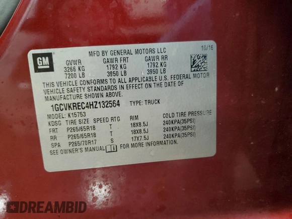 2017 Chevrolet Silverado 1500 LT with VIN 1GCVKREC4HZ132564, listed as a Copart auction lot 47121065 with 0 mi miles and Non Repairable. Bid and sale history available at carsss.com. Image 12.