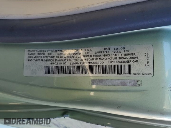 2007 Volkswagen Beetle with VIN 3VWRW31C17M505209, listed as a Copart auction lot 50126635 with 130,441 mi miles and Salvage title. Bid and sale history available at DreamBid. Image 12.