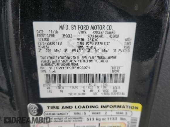 2011 Ford F-150 XL with VIN 1FTFW1EF9BFA03071, listed as a Copart auction lot 50087075 with 206,369 mi miles and Salvage Title. Bid and sale history available at carsss.com. Image 12.