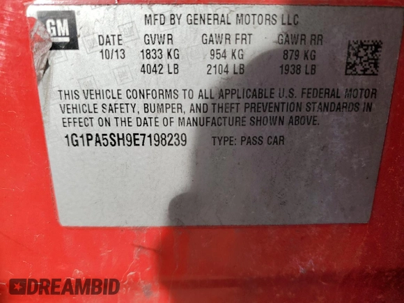 2014 Chevrolet Cruze LS with VIN 1G1PA5SH9E7198239, listed as a Copart auction lot 48085705 with 122,291 mi miles and Non Repairable. Bid and sale history available at carsss.com. Image 13.
