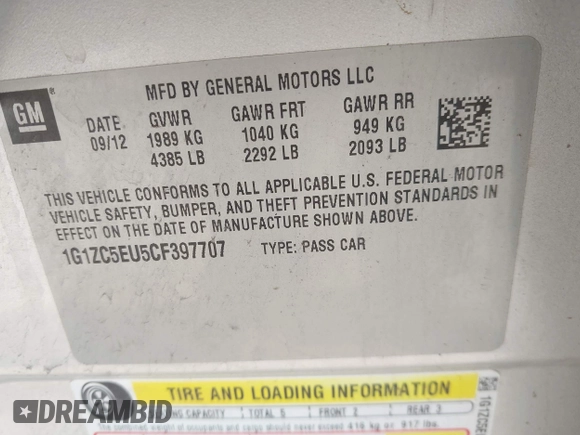 2012 Chevrolet Malibu 1LT with VIN 1G1ZC5EU5CF397707, listed as a IAAI auction lot 42054559 with 126,314 mi miles and . Bid and sale history available at DreamBid. Image 9.