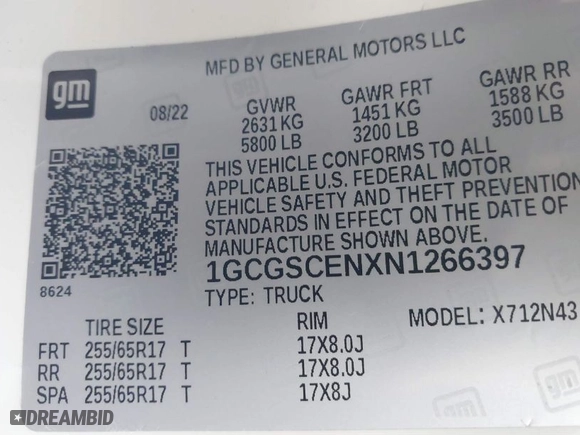 2022 Chevrolet Colorado 2WD LT with VIN 1GCGSCENXN1266397, listed as a IAAI auction lot 41468159 with 52,658 mi miles. Bid and sale history available at carsss.com. Image 9.
