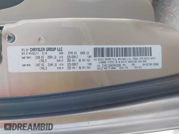 2014 Chrysler Town & Country Touring with VIN 2C4RC1BG0ER422698, listed as a IAAI auction lot 42086592 with 66,659 mi miles. Bid and sale history available at carsss.com. Image 9.