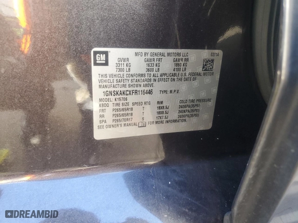2015 Chevrolet Tahoe LS with VIN 1GNSKAKCXFR116446, listed as a Copart auction lot 47087345 with 185,989 mi miles and Salvage Title. Bid and sale history available at carsss.com. Image 13.