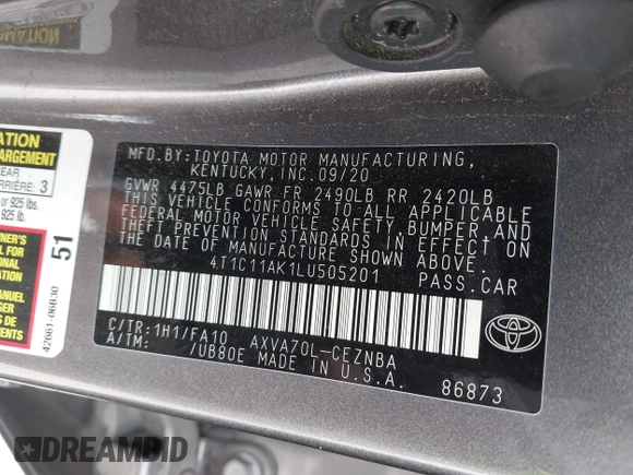 2020 Toyota Camry LE with VIN 4T1C11AK1LU505201, listed as a IAAI auction lot 42006393 with 106,526 mi miles and . Bid and sale history available at carsss.com. Image 9.