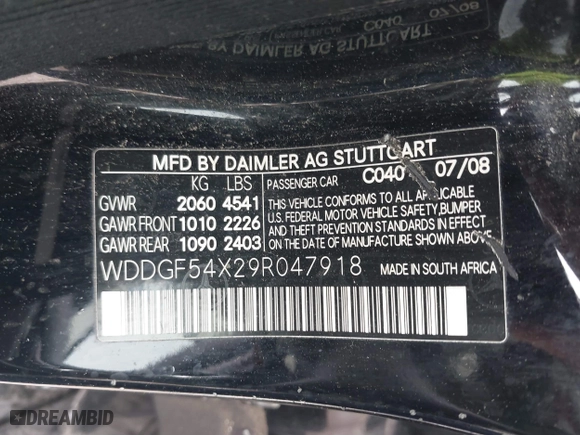 2009 Mercedes-Benz C-Class 3.0L Sport with VIN WDDGF54X29R047918, listed as a IAAI auction lot 41891198 with 1 mi miles. Bid and sale history available at carsss.com. Image 9.