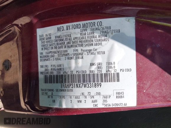 2007 Ford Focus S с VIN 1FAHP31NX7W331899, выставлен на аукционе IAAI как лот 42448423 с пробегом 108 943 миль миль и . История ставок и продаж доступна на DreamBid. Изображение 9.