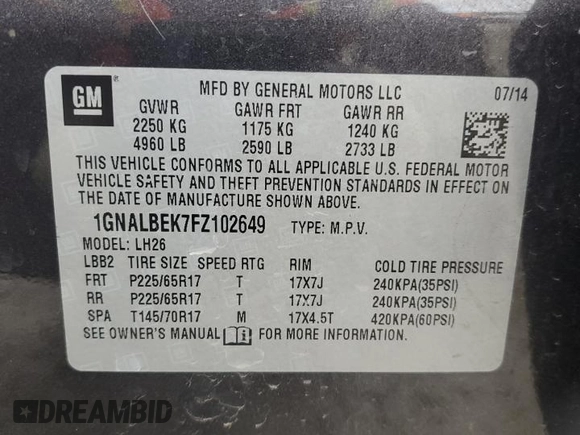 2015 Chevrolet Equinox LT with VIN 1GNALBEK7FZ102649, listed as a Copart auction lot 53687585 with 175,888 mi miles and Salvage Title. Bid and sale history available at carsss.com. Image 14.