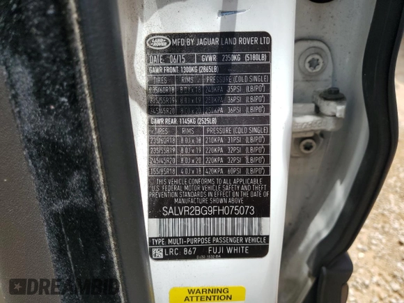 2015 Land Rover Range Rover Evoque Pure Premium with VIN SALVR2BG9FH075073, listed as a Copart auction lot 59668845 with 122,906 mi miles and Salvage title. Bid and sale history available at DreamBid. Image 13.