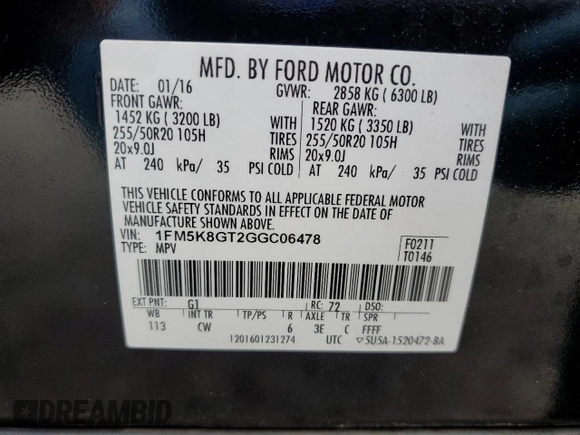 2016 Ford Explorer Sport with VIN 1FM5K8GT2GGC06478, listed as a Copart auction lot 57241875 with 153,657 mi miles and Salvage title. Bid and sale history available at DreamBid. Image 13.