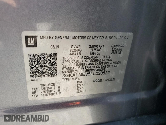 2020 GMC Terrain SLE z VIN 3GKALMEV5LL130522, wystawiony jako Copart lot #52151445 z przebiegiem 43 391 mil mil oraz Szkoda całkowita • Salvage title. Historia ofert i sprzedaży dostępna na DreamBid. Obrazek 13.