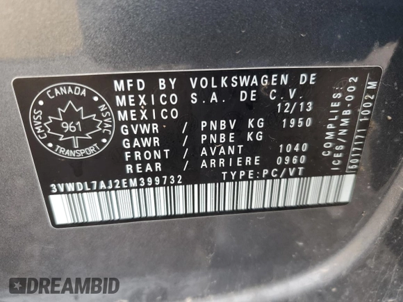 2014 Volkswagen Jetta Comfortline with VIN 3VWDL7AJ2EM399732, listed as a Copart auction lot 55946795 with 198,723 mi miles and Clean title. Bid and sale history available at DreamBid. Image 12.