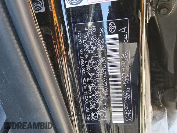 2021 Toyota Mirai XLE with VIN JTDAAAAA1MA002130, listed as a Copart auction lot 52319235 with 34,438 mi miles and Salvage title. Bid and sale history available at DreamBid. Image 13.