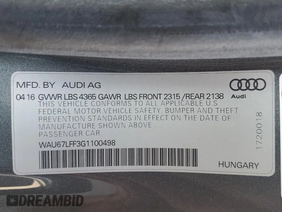 2016 Audi A3 1.8T Premium with VIN WAU67LFF3G1100498, listed as a Copart auction lot 71476464 with 19,178 mi miles and Salvage Title. Bid and sale history available at carsss.com. Image 14.