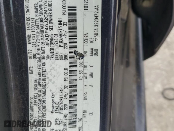 2012 Ford Fiesta S with VIN 3FADP4AJ2CM176566, listed as a Copart auction lot 80725944 with 176,015 mi miles and Salvage Title. Bid and sale history available at DreamBid. Image 12.