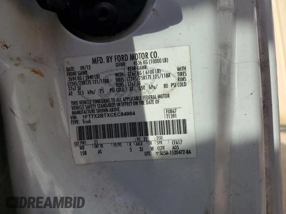 2012 Ford F-250 XL with VIN 1FT7X2BTXCEC84984, listed as a Copart auction lot 51268755 with 253,763 mi miles and Clean title. Bid and sale history available at DreamBid. Image 12.