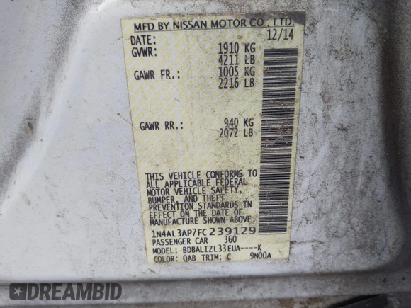2015 Nissan Altima S with VIN 1N4AL3AP7FC239129, listed as a IAAI auction lot 41683096 with 143,304 mi miles and . Bid and sale history available at carsss.com. Image 9.