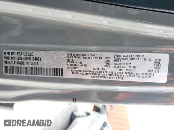 2022 Jeep Wrangler Unlimited Sahara Altitude with VIN 1C4HJXEG5NW174021, listed as a Copart auction lot 55200532 with Not provided miles and Salvage title. Bid and sale history available at DreamBid. Image 10.