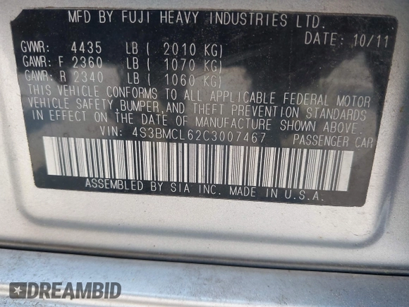 2012 Subaru Legacy Limited with VIN 4S3BMCL62C3007467, listed as a IAAI auction lot 42697099 with 205,079 mi miles and . Bid and sale history available at DreamBid. Image 9.