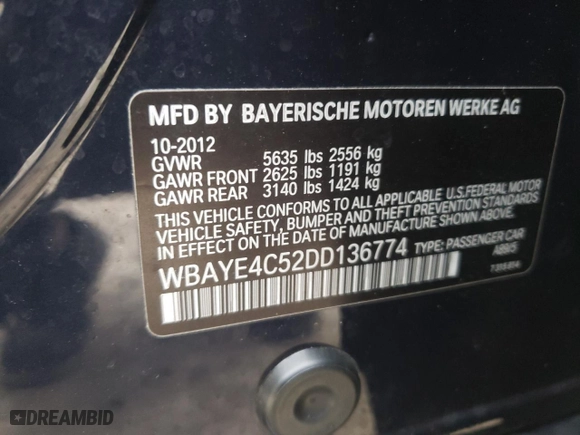 2013 BMW 7 Series 740Li with VIN WBAYE4C52DD136774, listed as a Copart auction lot 44769695 with 199,964 mi miles and Clean Title. Bid and sale history available at carsss.com. Image 12.