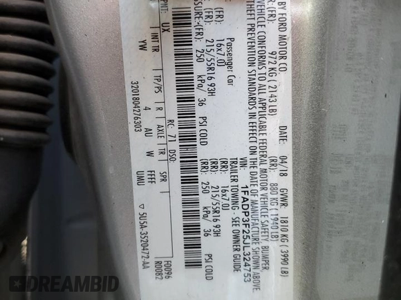 2018 Ford Focus SE with VIN 1FADP3F25JL324753, listed as a Copart auction lot 58624995 with 129,127 mi miles and Salvage title. Bid and sale history available at DreamBid. Image 12.