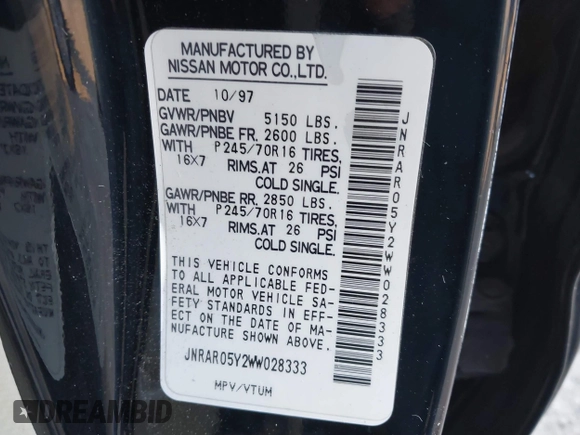 1998 Infiniti QX4 with VIN JNRAR05Y2WW028333, listed as a IAAI auction lot 41759775 with 216,473 mi miles and . Bid and sale history available at DreamBid. Image 9.