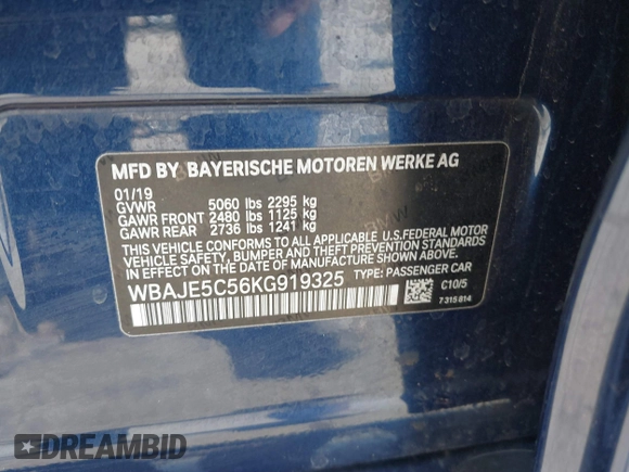 2019 BMW 5 Series 540i with VIN WBAJE5C56KG919325, listed as a IAAI auction lot 41712632 with 71,413 mi miles and . Bid and sale history available at DreamBid. Image 9.