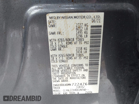 2021 Nissan Frontier SV with VIN 1N6ED0EA6MN722476, listed as a IAAI auction lot 41284313 with 22,476 mi miles and . Bid and sale history available at DreamBid. Image 9.