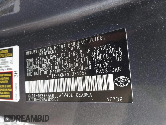 2009 Toyota Camry with VIN 4T1BE46K49U371657, listed as a IAAI auction lot 42216584 with 143,132 mi miles. Bid and sale history available at carsss.com. Image 9.