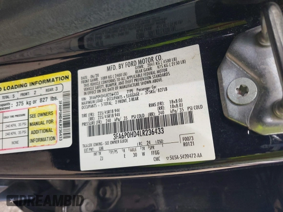 2020 Ford Fusion SE with VIN 3FA6P0HD4LR236433, listed as a IAAI auction lot 42440932 with 94,975 mi miles and . Bid and sale history available at DreamBid. Image 9.
