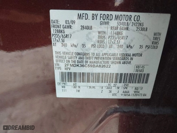 2009 Ford Edge SE with VIN 2FMDK36C59BA82622, listed as a IAAI auction lot 41713229 with 163,259 mi miles. Bid and sale history available at carsss.com. Image 9.