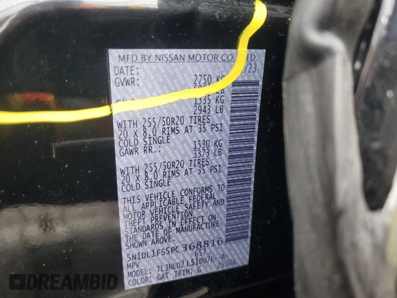 2023 Infiniti QX60 Luxe with VIN 5N1DL1FS5PC368816, listed as a Copart auction lot 54329005 with 54,642 mi miles and Salvage title. Bid and sale history available at DreamBid. Image 13.