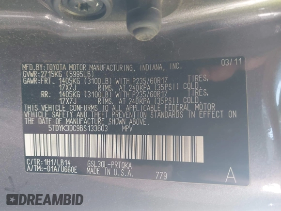 2011 Toyota Sienna XLE AAS z VIN 5TDYK3DC9BS133603, wystawiony jako IAAI lot #42218111 z przebiegiem 227 329 mil mil oraz . Historia ofert i sprzedaży dostępna na DreamBid. Obrazek 9.