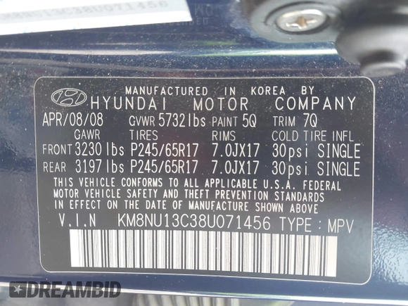 2008 Hyundai Veracruz GLS with VIN KM8NU13C38U071456, listed as a IAAI auction lot 41912531 with 204,024 mi miles and . Bid and sale history available at DreamBid. Image 9.