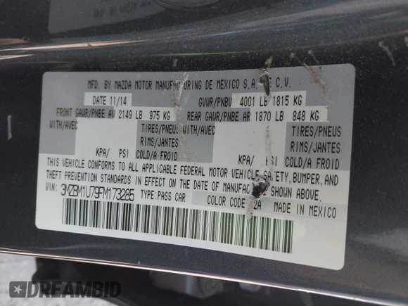 2015 Mazda 3 i Sport with VIN 3MZBM1U79FM173285, listed as a IAAI auction lot 42049953 with 100,147 mi miles and . Bid and sale history available at carsss.com. Image 9.