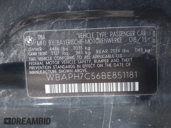 2011 BMW 3 Series 328i with VIN WBAPH7C56BE851181, listed as a IAAI auction lot 42755432 with 218,633 mi miles and . Bid and sale history available at DreamBid. Image 9.