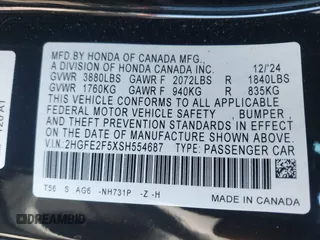2025 Honda Civic Sport with VIN 2HGFE2F5XSH554687, listed as a IAAI auction lot 42031297 with 1,619 mi miles and . Bid and sale history available at DreamBid. Image 9.