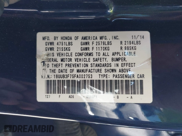 2015 Acura TLX V6 Advance with VIN 19UUB3F75FA002753, listed as a IAAI auction lot 42021250 with 135,225 mi miles. Bid and sale history available at carsss.com. Image 9.