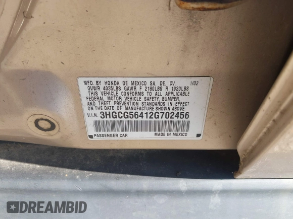 2002 Honda Accord LX with VIN 3HGCG56412G702456, listed as a IAAI auction lot 42040650 with 203,310 mi miles and . Bid and sale history available at DreamBid. Image 9.