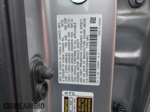 2022 Honda CR-V EX z VIN 2HKRW1H5XNH407037, wystawiony jako Copart lot #55637345 z przebiegiem 12 986 mil mil oraz Szkoda całkowita • Salvage title. Historia ofert i sprzedaży dostępna na DreamBid. Obrazek 13.