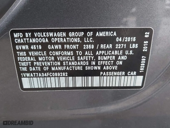 2015 Volkswagen Passat 1.8T Limited Edition with VIN 1VWAT7A34FC089282, listed as a IAAI auction lot 41767239 with 68,156 mi miles. Bid and sale history available at carsss.com. Image 9.