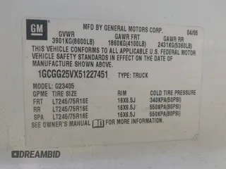 2005 Chevrolet Express Cargo with VIN 1GCGG25VX51227451, listed as a IAAI auction lot 41434522 with 202,023 mi miles and . Bid and sale history available at DreamBid. Image 9.