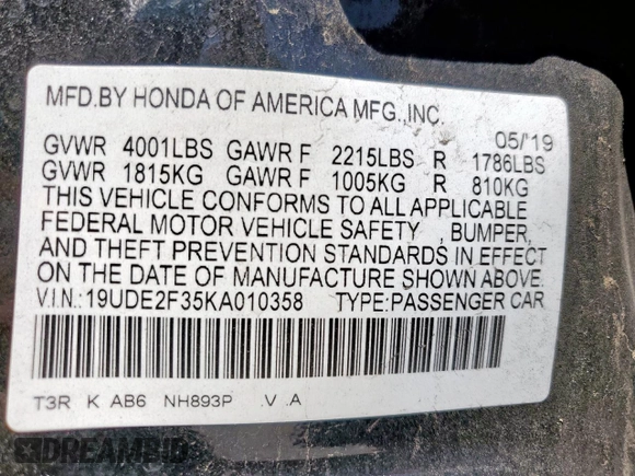 2019 Acura ILX with VIN 19UDE2F35KA010358, listed as a Copart auction lot 54062865 with 36,126 mi miles and Salvage Title. Bid and sale history available at DreamBid. Image 12.